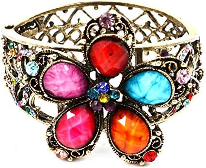 burnt gold rainbow formica & crystal flower ladies fashion bracelet