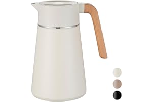 VETIN 1,5L Thermoskanne mit Teesieb, Teekanne mit Siebeinsatz Thermo, Kaffeekanne Thermo 304 Edelstahl, Isolierkanne mit Holzoptik Griff, 10h Hitze / 16h Kälte (Weiß + Beige)