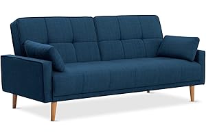 EVERGREENWEB MATERASSI & BEDS EVERGREENWEB - Divano letto clic clac in tessuto imbottito capitonné - Divano 3 posti con piedi in legn, con schienale reclinabile, materasso una piazza e mezza con 2 cuscini in omaggio (Blu)