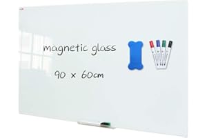 XIWODE Magnetic Glass Dry Erase Board, 90 x 60cm, Wall Mounting Tempered Glass Whiteboard, Frameless, White Frosted Surface