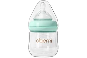 Oberni Glass Baby Bottle, Easy to Clean, Anti-Colic Baby Bottle with Slow Flow Breast-Like Teat 120ml 4OZ (Pack of 1), 0~3 Months, Pink