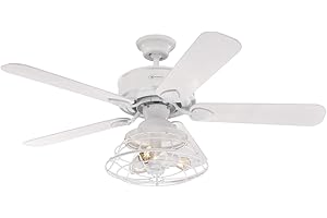 Westinghouse Lighting Ventilateur de plafond d’intérieur Barnett de 122 cm en blanc, kit d‘éclairage LED à variateur avec abat-jour cage, télécommande incluse 7220940