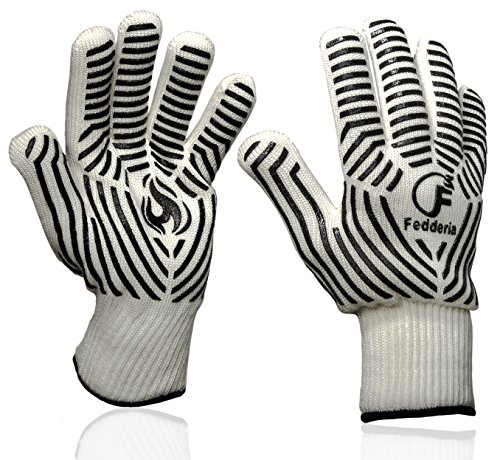 Premium Grillhandschuhe 2er Set weiß beige. Bis zu 500 °C Hitzeschutz. Ofenhandschuhe aus hitzebeständiger Nomex-Faser. Mit rutschfesten Silikonstreifen.