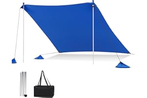 HOMASIS Tente de Plage Anti-UV, Abri de Plage pour 1-4/4-8 Personnes, Voile d'Ombrage avec 2 Barres de Support et Sac de Transport, Ancrages de Sable et 4 Sacs de Sable (Bleu, 300 x 300 cm)