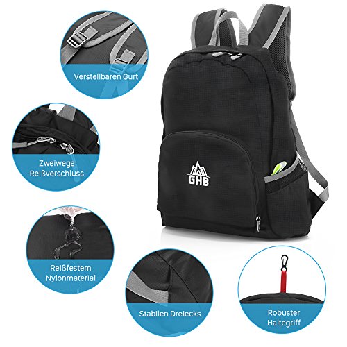 GHB Faltbarer Rucksack Ultraleicht Rucksack 25L Daypack,Leichter Faltbarer Rucksack für Männer, Frauen und Kinder für Outdoor Wandern Camping Reisen – Schwarz - 5