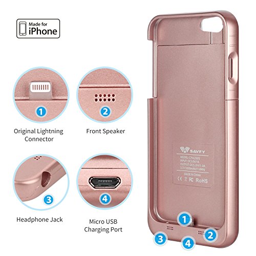 iPhone 6S / 6 Case [Apple MFi Certified] SAVFY 3200mAh Rechargeable Extended Charging Battery Case for iPhone 6 / iPhone 6s 4.7 inch Slim Portable Charger Backup Power Bank, Rose Gold
