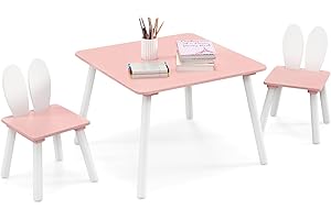 LIFEZEAL Tavolino Bambini, Tavolino e Sedie per Bambini 3-6 Anni, Tavolo Bambini con 2 Sedie con Schienale a Forma di Coniglio, Set Tavolo e Sedie in Legno, Set per Cameretta, Carico 20/40 kg (rosa)