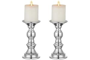 Nuptio Candelabros de Pilar Plateado, Centros de Mesa de Boda Candelabro de Metal para Velas de 50mm Decoración del Soporte Ideal para Bodas Eventos Especiales Fiestas Sala de Estar, 2 Piezas