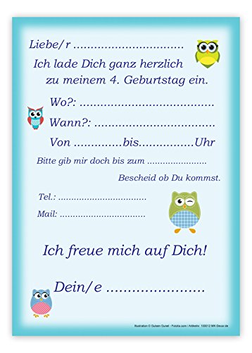 Einladungskarten Kindergeburtstag zum 4. Geburtstag in blau mit Eulen, incl. passender Umschläge - 3