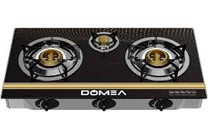 DOMEA 3-Burner Gas Stove with Auto Ignition, Portable Tabletop Stove with Tempered Glass Top, Cast Iron Burners & Sturdy Pot Holders – Ideal for Home, Apartment, Kitchen, Camping & Outdoor Parties