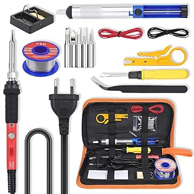 Vastar Fer à Souder Kit, 60W Kit de Soudure, Temperature Réglable de 200~450℃, Kit de Pistolet à Fer à Souder avec Pompe à Dessouder, Station de Soudage, Pincettes, Dénudeur de Fil