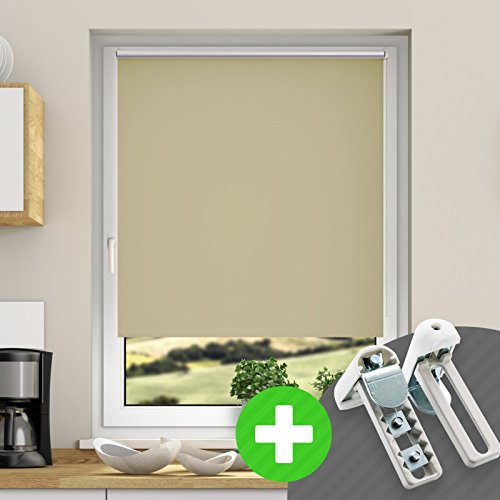 DESWIN Rollos - Set: Verdunkelungsrollo + Premium-Klemmhalter - 55 x 160 cm BEIGE - (KlemmFix Rollo mit Metallkette, Klemmhaltern, Rollo-Magnete, Halter zum Schrauben)