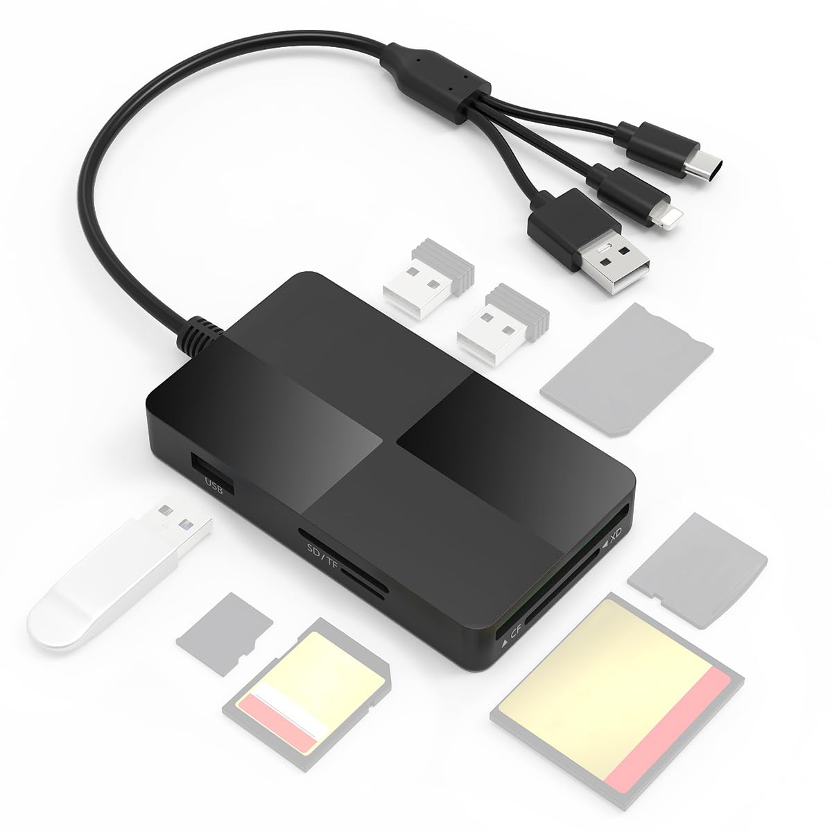 Verilux® 8 in 1 Multi Card Reader, USB/Light-ning/Type C to SD/MS/TF/CF/XD Card Reader with 3 USB 2.0 Ports, Portable Multi Card Reader Support OTG, Fast Data Transfer for iPhone, iPad, PC, Laptop