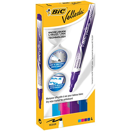 BIC Velleda - Caja de 4 marcadores para pizarra blanca, colores rojo, morado, azul claro y azul