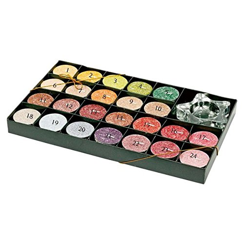 Preisvergleich Produktbild Duftkerzen-Adventskalender: 24 Palmwachs-Teelichter mit Glas-Leuchter