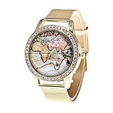 Dilwe Unisex Uhr, Modische Strass Weltkarte mit Zifferblatt und Stahlgürtel mit Armbanduhr