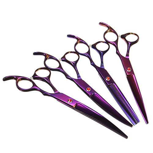 Pet-Grooming-Scissors-Kit-Focuspet-5-PCS-Cutting-Thinning-Curved-Scissors-Comb-with-Pouch-Purple
