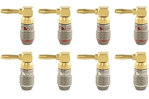 Nakamichi FanLock Excel Series 24k Gold Plated Right-Angle 90 Degree Banana Plug 10 AWG - 18 AWG Gauge Size 4mm for Speakers Amplifier Hi-Fi Home Theatre Wire Cable Quick Connector, 8 Pcs (4-Pairs)