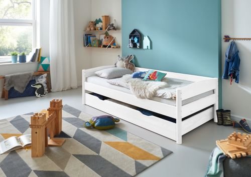 Preisvergleich Produktbild Einzelbett MICHELLE 90x200 cm Buche mit Bettschublade, massiv weiß lackiert