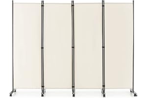 COSTWAY Paravento da Interno in Metallo, Separé Divisorio Interno Pieghevole con Piedini Stabili, Pannelli Divisori per Interni per Casa e Ufficio (Bianco, 225 x 173 cm (4 Pannelli con ruote))