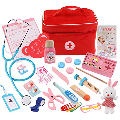 Foxom 31 Pz Kit Dottore Giocattolo Legno Valigetta Dottore Bambini Gioco di Ruolo Dottore Giocattolo Borsa Dottore Gioco Kit Set per Bambini 3 Anni