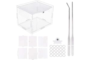 WINTERWORM Scatola di alimentazione per rettili in acrilico, 10 x 8 x 7 cm, in vetro trasparente, con 2 pinzette dritte e curve per animali domestici, ragni, grilli, lumache