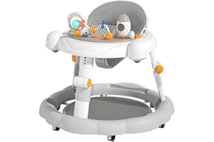 LITTLE BAMBINO Baby Walker with Toys Tray, 4-Level Height Adjustable, Push Along and Seated Modes, Grey