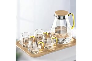 DUJUST Water Jug with 4 Cups, 1 Tray, Elegant Diamond Design Glass Jug with Handle, Decoration for Room, High Durability Pitcher Carafe for Ice Tea Maker, Juice, Hot/Cold Coffee - Bamboo Lid