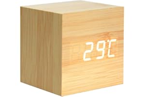 Lancoon Sveglia In Legno - Cubo Ha Portato L'Orologio Digitale Con Visualizzazione Di Ora Temperatura, 3 Livelli Di Luminosità E Controllo Vocale Ideale Per I Viaggi In Ufficio - AC10Yellow_White