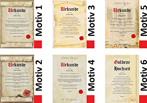 Goldene Hochzeit Urkunde persönliche Geschenk Karte zum 50. Hochzeitstag Pergament div. A4 Papier Motive - 8