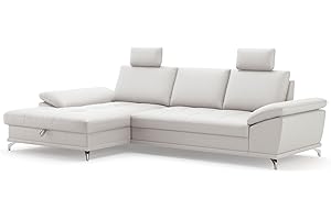 ‎CAVADORE Cavadore Eckcouch Castiel mit Federkern / Ecksofa mit XL-Longchair, Bett, Bettkasten, Sitztiefenverstellung, Kopfstützen und mattschwarzen Metallfüßen / 301 x 89-114 x 176 / / Echtleder, Weiß