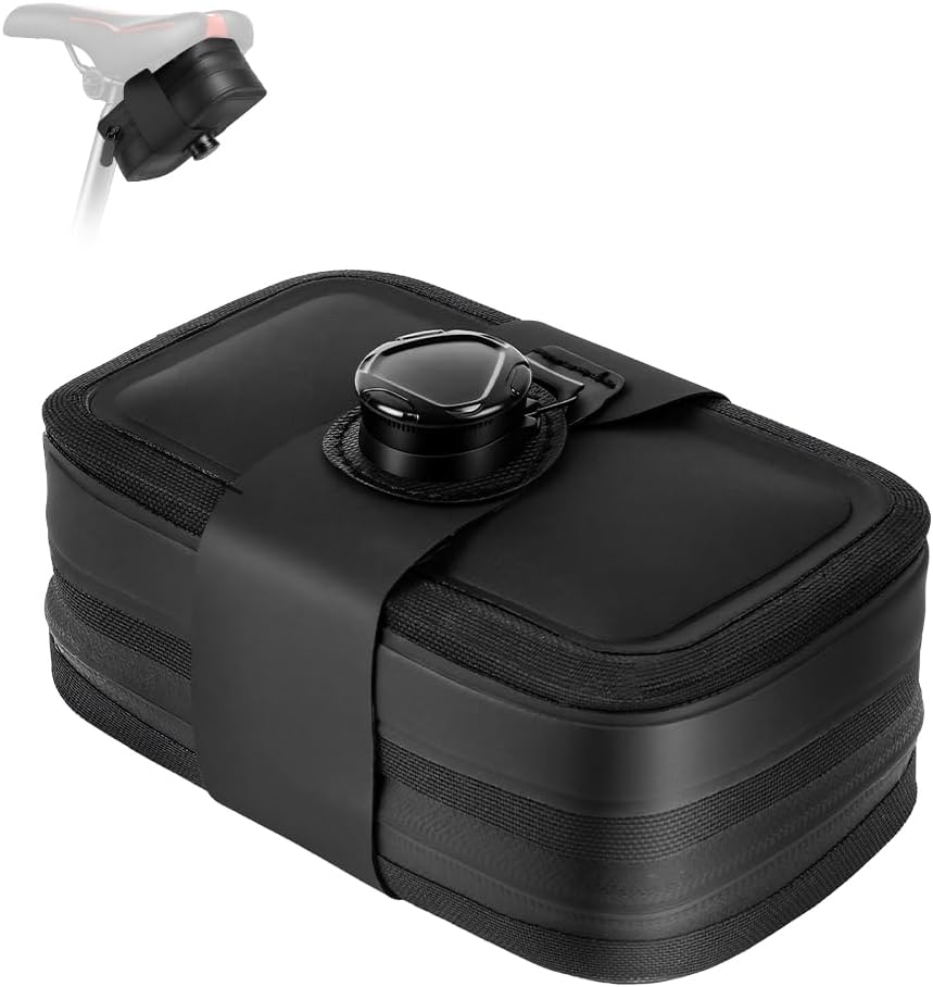DiULi Bolsa Sillin Bicicleta, Bolsa Cerradura Giratoria para Sillín, 14.7*8.4*6cm Borsello Per Bici, Mini Bolsas de Asiento para MTB Bici Carretera Plegable,Desplazamientos y Ciclismo(Negro, Estilo A)