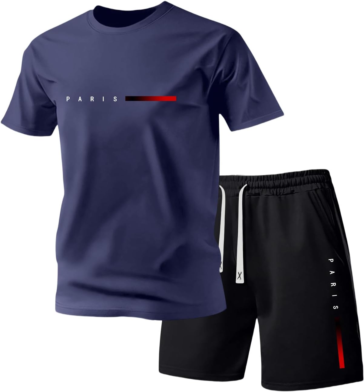 Conjunto de 2 piezas de camiseta ligera de manga corta con estampado de letras de París para hombre, simple, a la moda, casual, vacaciones, deportes