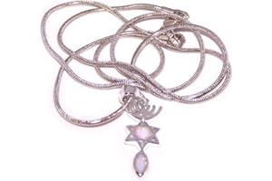 Holy Land Market Messianic Seal Symbol with White Opal Stones - Rhodium (2.5 cm - 1 Inch - 20 Inch Chain)