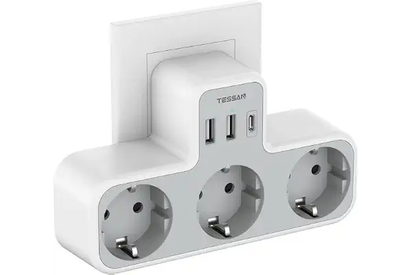 TESSAN Ladron Enchufes Plano con USB C, 6 en 1 Ladrón Enchufes Multiples USB, Triple Cargador Multiple 3600W, Regleta Pared para Oficina, Cocina, Compatible con Móviles, Blanco y Gris