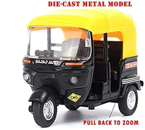 RV Media Miniature Die Cast Metal CNG Auto Rickshaw Toy Model with Movable Handle and Pull Back Action for Boys and Girls