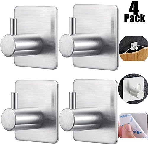 Bathroom Hooks Self Adhesive Hooks,Max 8kg Hat Towel Robe Coat Stick-up Stainless Steel Hanger for Kitchenware Bathrooms Lavatory Closets Wall, 4 Pack