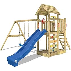 WICKEY Aire de jeux MultiFlyer Portique de jeux avec toit en bois Tour d'escalade jardin avec balançoire, mur d'escalade, toboggan bleu