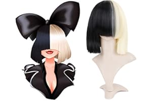 Creamily Peluca recta mitad rubia y mitad negra de 2 tonos de pelo sintético para fiesta de Cosplay peluca de uso diario para mujeres y niñas