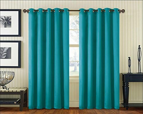 Luxury Faux Silk Pair of Curtains with Free Tiebacks Ring Top Eyelet Plain Colours (66x54, Teal)