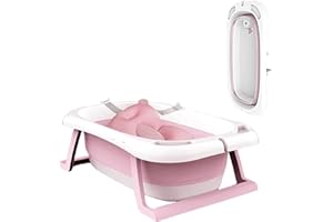 Sinbide Plegable Bañera para Bebé Recién Nacido con Alfombrilla Antideslizante Bañera de Niños Soporte del Asiento con Cojín Cómodo y Temperatura Inteligente Portátil Lavabo para Bebés (Rosa)