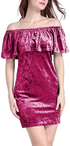 Fanmay New Look Women's Off Shoulder Lotus Leaf Mini Dress Solid Colors Short Dress Evening Party Dress (M, Fuchsia)