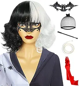 ANOGOL { 1 Long C Holder + 1920s Long Gloves + 1 Pearl Necklace+1 Black Blindfold } Short Bob Wig Black and White Wig with Bangsfor Women Curly Synthetic Wavy Wigs for Girls