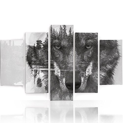 Feeby Frames, Cuadro en lienzo - 5 partes - Cuadro impresión, Cuadro decoración, Canvas (LOBO, BLANCO Y NEGRO) 100x200 cm, Tipo A