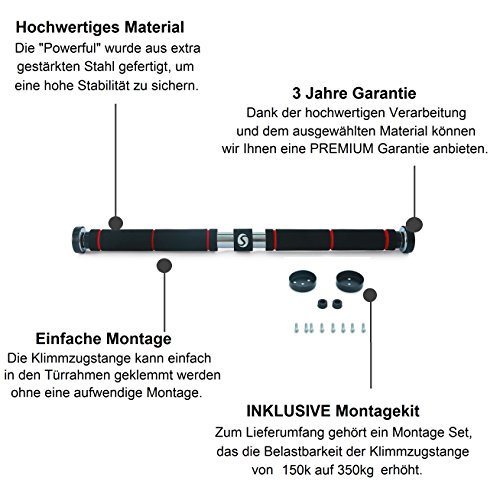 AUSGEZEICHNET: Profi Klimmzugstange „Powerful“ von Sportastisch :: speziell verstärkter Stahl und extra breite Griffzonen :: Profi-Drehmechanismus :: Ideal für Türrahmen 63 – 100 cm ::belastbar bis 350kg :: schnell aufgebaut, ohne Schrauben:: perfekt für Klimmzugtraining zu Hause :: Kostenloser BONUS: exklusives eBook „Klimmzugtraining“ :: optimal mit der Premium Klimmzughilfe PullHard erweiterbar :: inklusive 3 Jahren Sportastisch Produktgarantie - 3
