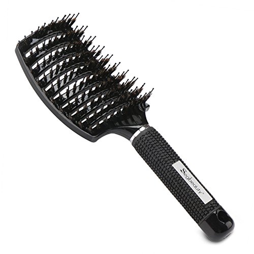 Black Boar Bristle Brush for Healthy Hair, Nylon Detangling Pins Vent Brush for Fast Blow Drying, Hair Care Scalp Massager for Hair Growth, Frizz Control Curved Hair Brush Detangling Comb