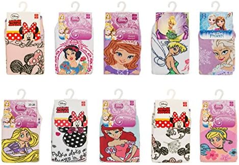 Pack of 10 Official Disney Cotton Socks for Girls: Minnie Mouse, Frozen Elsa, Sofia, Rapunzel – in 3 sizes UK 6-2 (EUR 23-34)