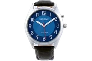 SHMIOU English Talking Watch for Men for The Blind Visually Impaired Elderly Black PU Leather Watch Band Blue Dial Speaking Wrist Watch Quartz with Alarm