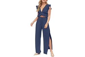 FANCYINN Donne 2 Pezzi Outfit Deep V Neck Crop Top Side Fessura con Coulisse Pantaloni a Gamba Larga Set Tute