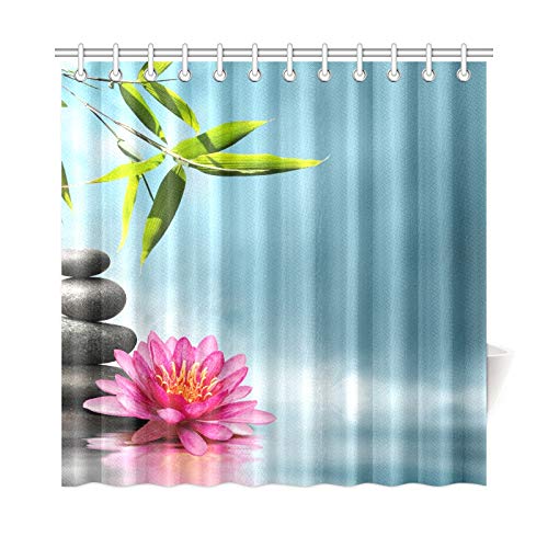 AGIRL Home Decor Bath Curtain Massage Stone Red Waterlily And Bamboo Polyester Fabric Waterproof Shower Curtain For Bathroom, 72 X 72 Inch Shower Curtains Hooks Included